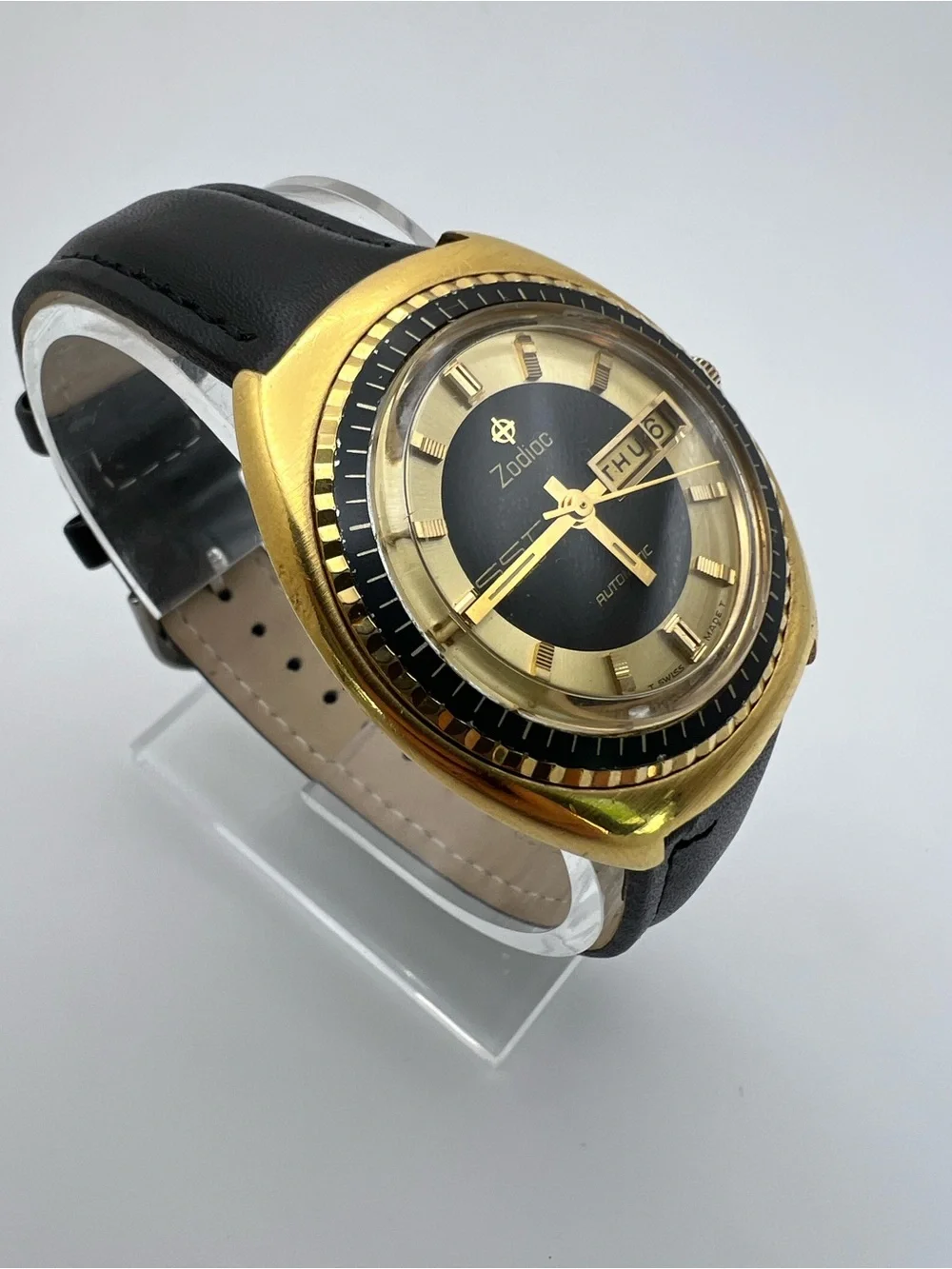 Zodiac Gold Tone Watch with Black Dial